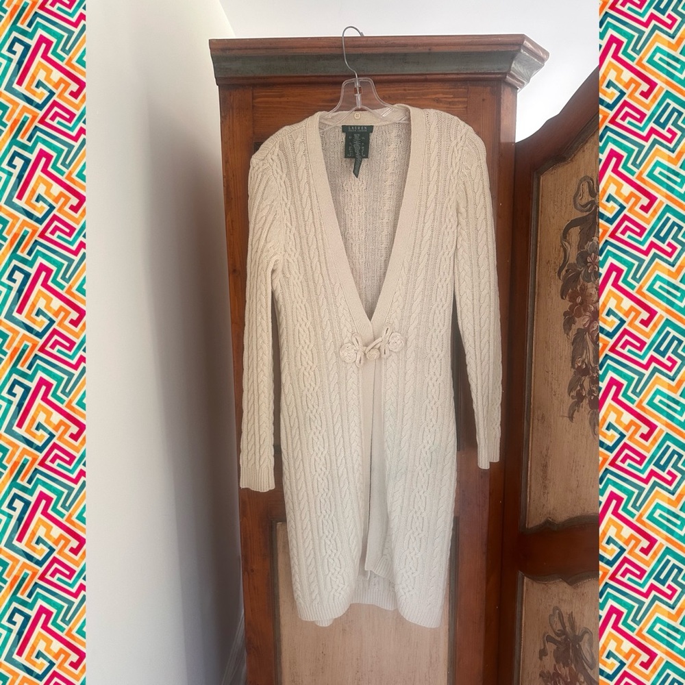 Lauren Ralph Lauren Cream Cable Knit Long Cardigan with Front Knot